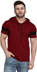 SLOWLORIS Solid Men Hooded Neck Maroon T-Shirt