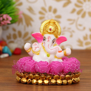 eCraftIndia Lord Ganesha Idol on Decorative Handcrafted Plate with Pink Flowers Decorative Showpiece  -  8 cm