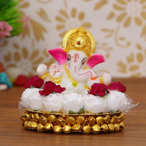 eCraftIndia Lord Ganesha Idol on Decorative Handcrafted Plate with White Flowers Decorative Showpiece  -  8 cm