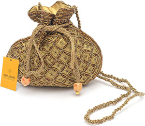 Srajanaa Women's Ethnic Bhopali Golden Zari Work Silk Batwa/Pouch Bag/Potli Bag/Potli Purse/Bridal Clutch/Bridal Purse - Medium Potli