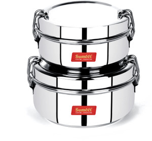 Sumeet Stainless Steel Food Pack Lunch Box with Steel Separator Plate and Locking Clip, Set of 2Pc, 350ML & 500ML Capacity 2 Containers Lunch Box