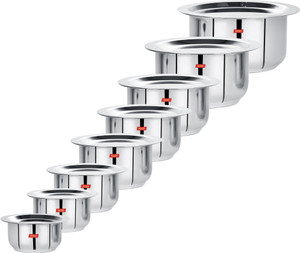 Sumeet Stainless Steel Mini to Big Size Flat Bottom Induction & Gas Stove Friendly Tope / Patila / Cookware Set of 8Pcs with Lids (370ML, 550ML, 800ML, 1100ML,1400ML, 1800ML, 2300ML, 3000ML) Induction Bottom Cookware Set