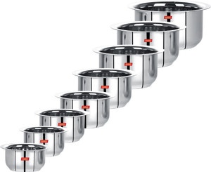 Sumeet Stainless Steel Mini to Big Size Flat Bottom Induction & Gas Stove Friendly Tope / Patila / Cookware Set of 8Pcs (370ML, 550ML, 800ML, 1100ML,1400ML, 1800ML, 2300ML, 3000ML) Induction Bottom Cookware Set