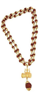 Green Spiritual Religious Jewelry Lord Shiv 10mm Puchmukhi Rudraksha Damru Locket With Puchmukhi Rudraksha Mala (8MM 36Beads) Gold-plated Plated Wood Chain