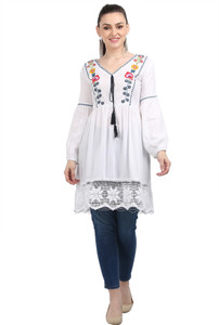 3SIX5 Casual Full Sleeve Embroidered Women White Top