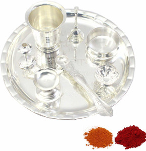 BENGALEN Silver Plated Pooja thali Set 8 Inch Ethnic Puja Thali Wedding Return Gift Items Silver Plated