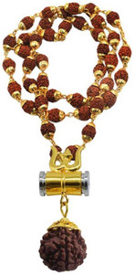 Green Spiritual Religious Jewelry Lord Shiv Damru Locket With Puchmukhi Rudraksha Mala (8MM 36Beads) Gold-plated Plated Wood Chain