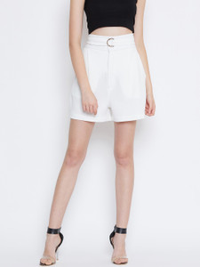 Zastraa Solid Women White, White High Waist Shorts