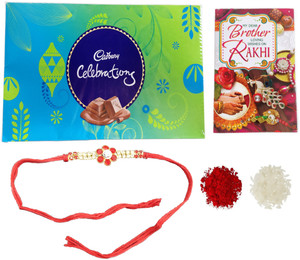 Cadbury Special Gift For Brother | Large Celebrations Gift Pack Chocolate With Beautiful Designer Rakhi & Rakhi greeting Card Silver Plated Gift Box