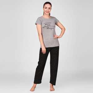 Trend Setter Women Printed Grey, Black Top & Pyjama Set