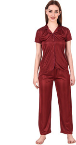 Bombshell Women Solid Maroon Shirt & Pyjama set