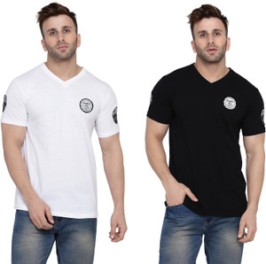 BEYOU FASHION Solid Men V Neck White, Black T-Shirt