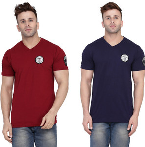 BEYOU FASHION Solid Men V Neck Dark Blue, Maroon T-Shirt