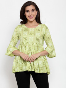 THE PEPINO Casual Bell Sleeve Printed Women Green Top