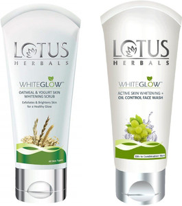 LOTUS Herbals WHITEGLOW Oatmeal & Yogurt Skin Whitening Scrub (100G) & White Glow Active Skin Whitening and Oil Control Facewash (100G)