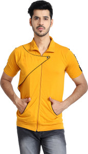 Black Collection Self Design Men Polo Neck Gold T-Shirt