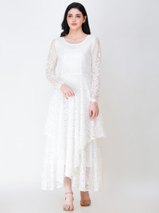 SHEERO Women Fit and Flare White Maxi/Full Length Dress
