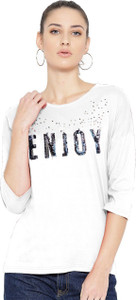 ND FASHION STYLES Printed Women Round Neck White T-Shirt