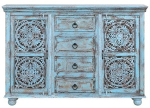 Saffron Solid Sheesham Wood Sideboard Blue Distress Finish For Living Room Solid Wood Free Standing Sideboard