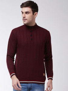 Sweven Striped High Neck Casual Men Maroon Sweater