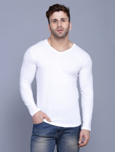 Tees Collection Solid Men V Neck White T-Shirt