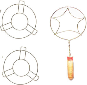 lookat Hot Pot Stand ( Set Of 2 ) Stainless Steel Heat Resistant Hot Pan/Pot Stand with Jali Roti Roast Grill Papad Roaster Chapati Toast Grill Wooden Handle paneer tandoor net Style Trivet