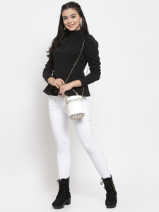 KASSUALLY Casual Puff Sleeve Solid Women Black Top