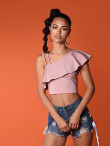Chimpaaanzee Party Ruffled Sleeve Solid Women Pink Top