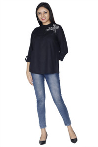 Brijam Casual Roll-up Sleeve Embroidered Women Black Top