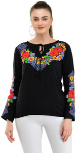 Taaraa Casual Full Sleeve Embroidered Women Black Top