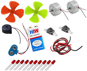 ERHIndia Science Project Material Kit -Including , Set Dc Toy Motors, Four Blade Fans, 9v Battery , Battery Snap/Cap, Red LEDs, Push to On Switch, Piezo Buzzer, Connecting Wires . Electronic Components Electronic Hobby Kit