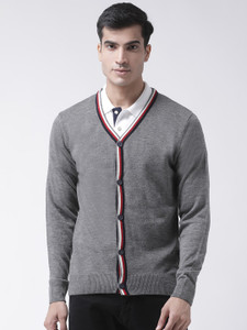 Club York Solid V Neck Casual Men Grey Sweater