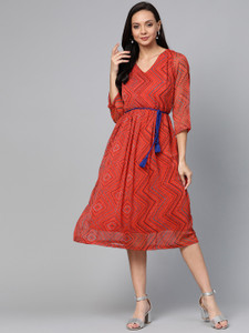 PLUSS Women A-line Red Midi/Calf Length Dress