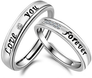 Univocean 2PCs Love you Forever Stainless Steel Adjustable Couple Rings for Lovers, Men, Women, and Your Valentine (Silver) Copper Crystal Silver Plated Ring Set