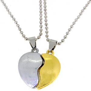 Devora 2pcs His and Hers Heart-shape magnet couple pendent chain valentine gift for lovers Rhodium Stainless Steel Pendant Set