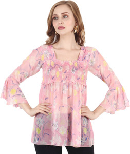 POPWINGS Casual Bell Sleeve Printed Women Pink Top