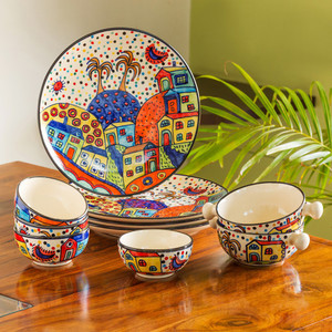 एक्सक्लूसिव लेन Handpainted Plates with Katoris & Serving Bowls (Serving for 4) 10 का पैक डिनर सेट