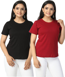 JOYCOOTS Solid Women Round Neck Maroon, Black T-Shirt