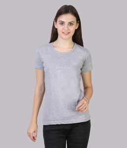 Fleximaa Solid Women Round Neck Grey T-Shirt