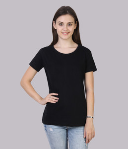 Fleximaa Solid Women Round Neck Black T-Shirt