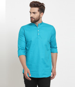 F2M Solid Men Mandarin Collar Blue T-Shirt