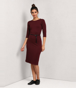 METRONAUT Women Bodycon Maroon Midi/Calf Length Dress