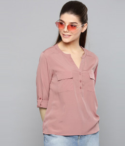 HARPA Casual Roll-up Sleeve Solid Women Pink Top