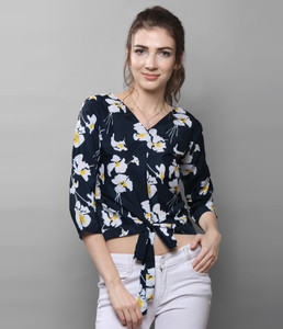 Selvia Casual Regular Sleeve Printed Women Dark Blue Top