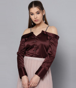 STREET9 Casual Shoulder Strap Solid Women Maroon Top