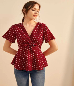 Istyle Can Casual Flared Sleeve Polka Print Women Maroon, White Top