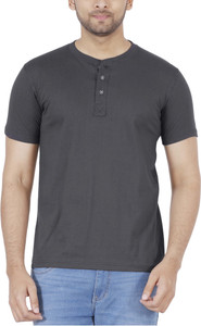 Fleximaa Solid Men Henley Neck Grey T-Shirt