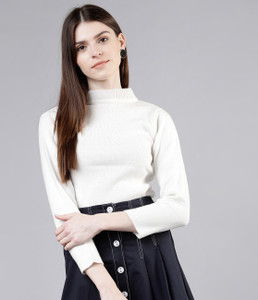 Tokyo Talkies Solid Crew Neck Casual Women White Sweater