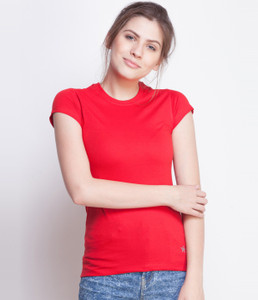 Dollar Missy Solid Women Round Neck Red T-Shirt