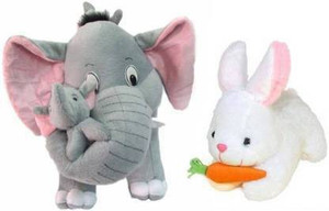 Hello Baby Mother Elephant With 2 Babies Soft Toy - 38 cm and White Rebbit 24 cm - 30 cm  (Multicolor)  - 40 cm